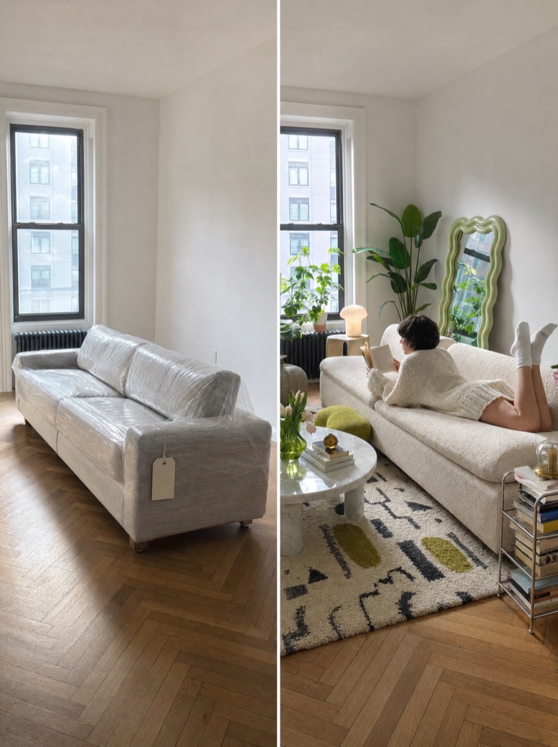 Generated ad concept: a split image of a plastic-wrapped new sofa next to the same room styled and lived-in